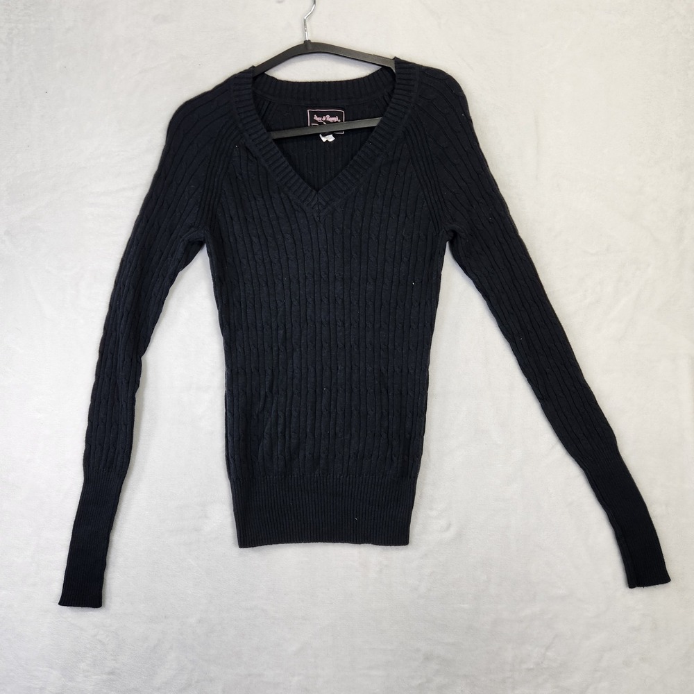 Vintage Y2K Steve Barrys Cable Knit V Neck Sweater Long Sleeve Size L Black